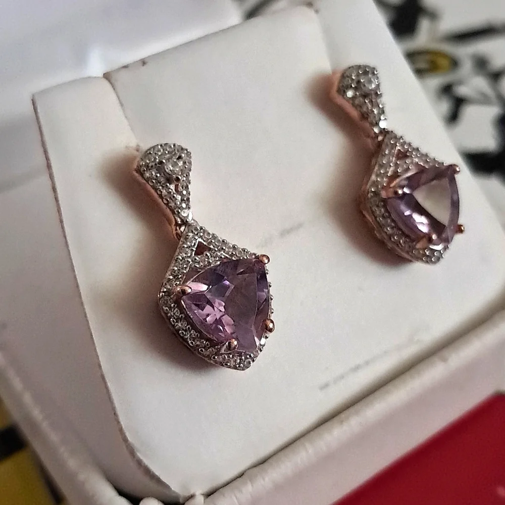 Amethyst and Natural White Zircon Accented Earrings. - Picture 3 of 9